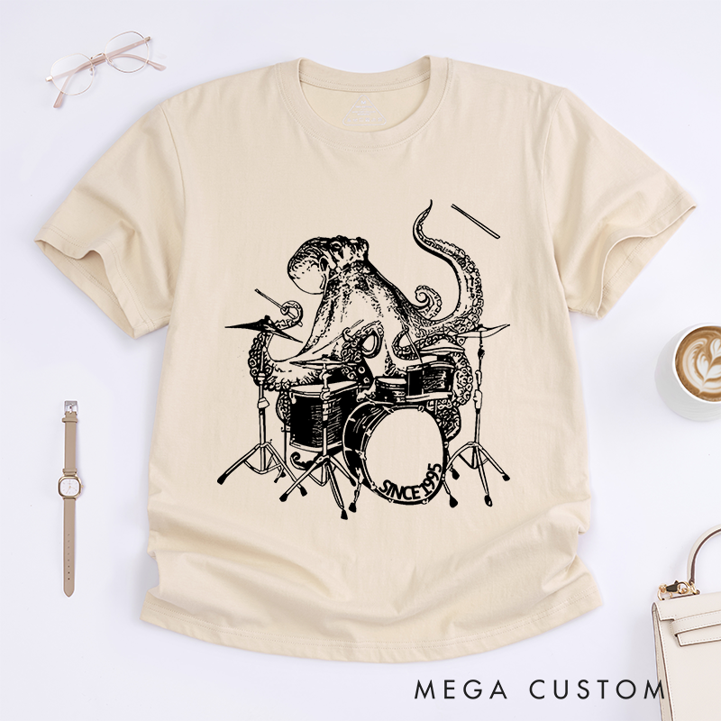 Personalized Classic T-Shirts Funny Octopus Playing Drums Tee Rock and Musician Gift