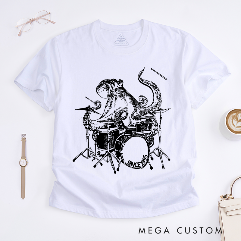 Personalized Classic T-Shirts Funny Octopus Playing Drums Tee Rock and Musician Gift