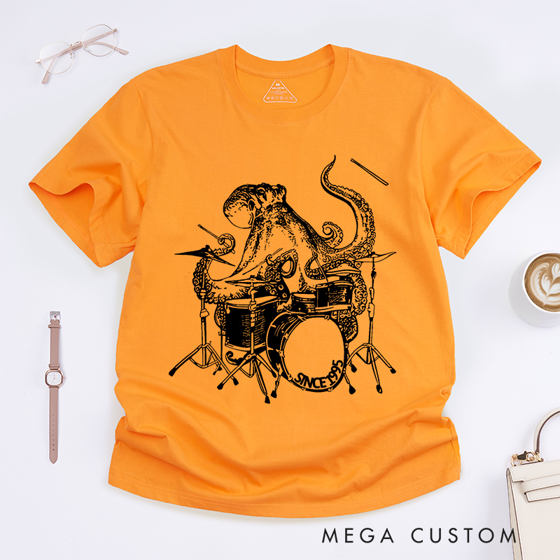 Personalized Classic T-Shirts Funny Octopus Playing Drums Tee Rock and Musician Gift