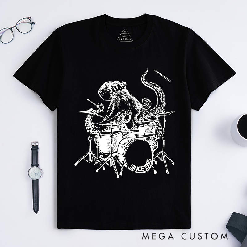 Personalized Classic T-Shirts Funny Octopus Playing Drums Tee Rock and Musician Gift