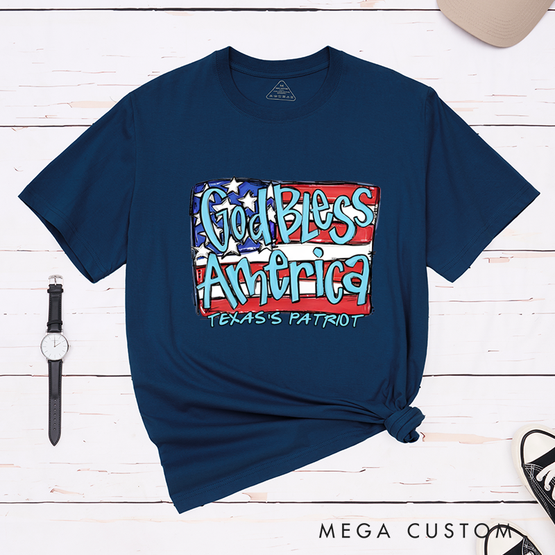 Personalized Classic T-Shirts God Bless America Patriotic and Red White and Blue American Flag T-Shirt