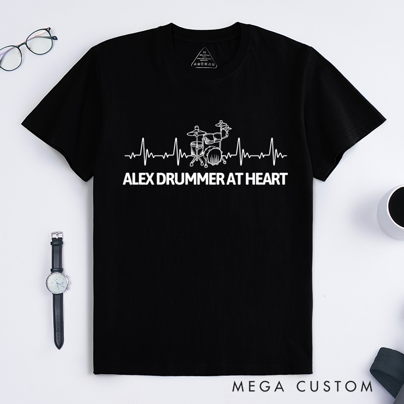 Personalized Classic T-Shirts Heartbeat Drum Kit and Music Lover's Graphic Tee Perfect for Drummers and Rhythm Enthusiasts Gift