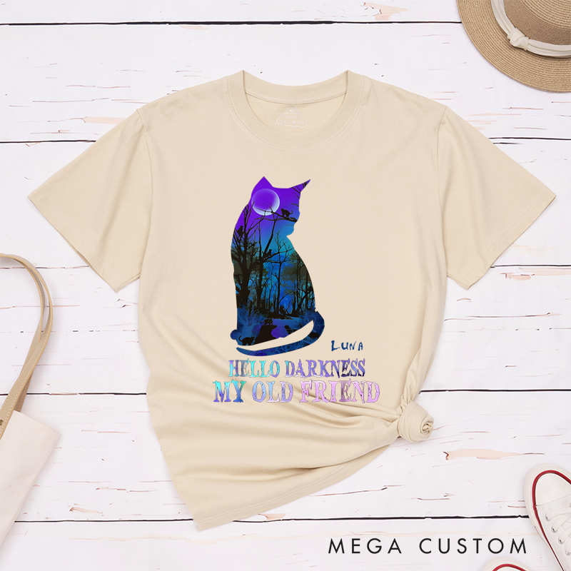 Personalized Classic T-Shirts Hello Darkness My Old Friend and Halloween Mystical Cat and Moonlit Forest Graphic T-Shirt