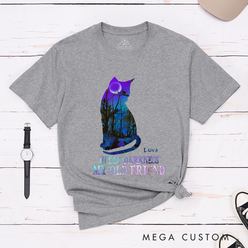 Personalized Classic T-Shirts Hello Darkness My Old Friend and Halloween Mystical Cat and Moonlit Forest Graphic T-Shirt