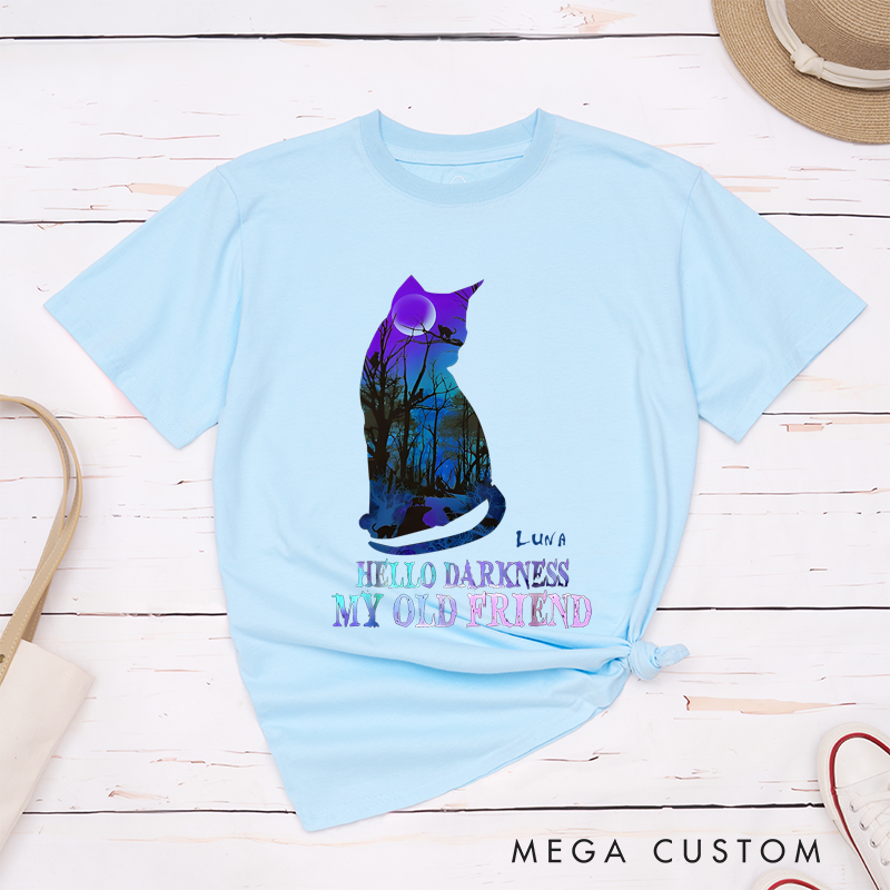 Personalized Classic T-Shirts Hello Darkness My Old Friend and Halloween Mystical Cat and Moonlit Forest Graphic T-Shirt
