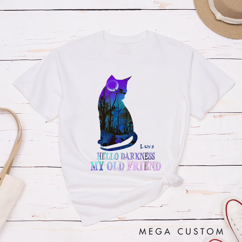 Personalized Classic T-Shirts Hello Darkness My Old Friend and Halloween Mystical Cat and Moonlit Forest Graphic T-Shirt