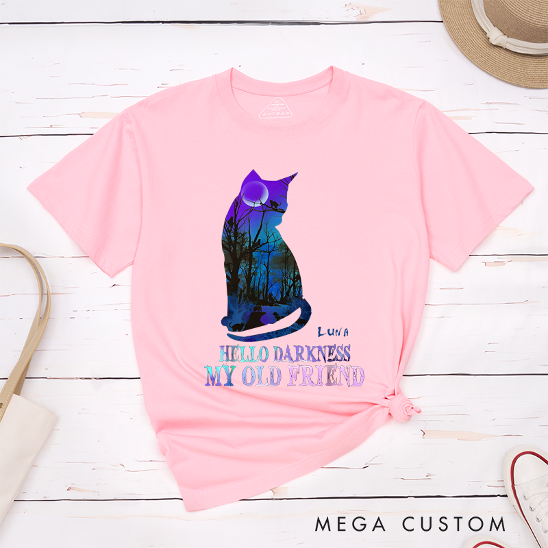 Personalized Classic T-Shirts Hello Darkness My Old Friend and Halloween Mystical Cat and Moonlit Forest Graphic T-Shirt