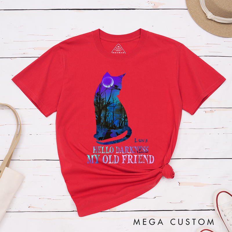 Personalized Classic T-Shirts Hello Darkness My Old Friend and Halloween Mystical Cat and Moonlit Forest Graphic T-Shirt