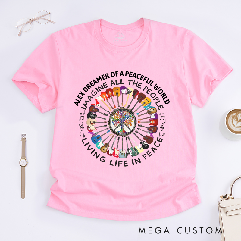 Personalized Classic T-Shirts Imagine Peace and Colorful Guitar and Peace Symbol Graphic Tee Perfect for Music and Rock Roll Lovers Gift