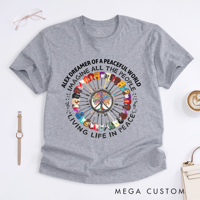 Personalized Classic T-Shirts Imagine Peace and Colorful Guitar and Peace Symbol Graphic Tee Perfect for Music and Rock Roll Lovers Gift