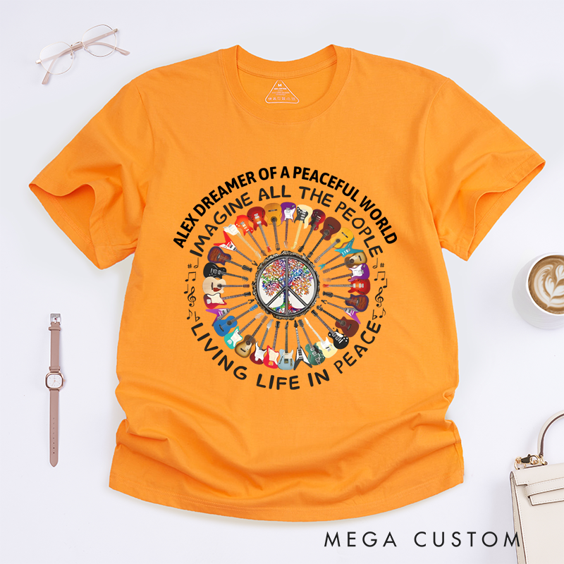Personalized Classic T-Shirts Imagine Peace and Colorful Guitar and Peace Symbol Graphic Tee Perfect for Music and Rock Roll Lovers Gift