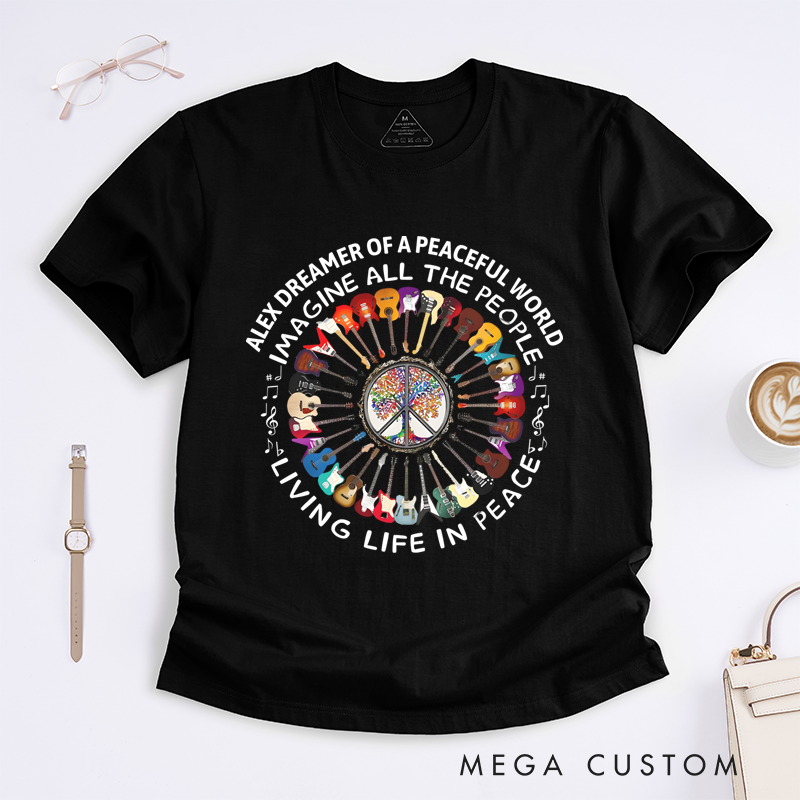 Personalized Classic T-Shirts Imagine Peace and Colorful Guitar and Peace Symbol Graphic Tee Perfect for Music and Rock Roll Lovers Gift