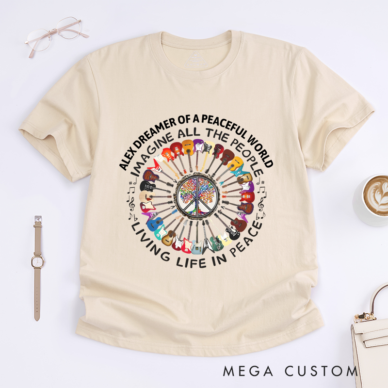 Personalized Classic T-Shirts Imagine Peace and Colorful Guitar and Peace Symbol Graphic Tee Perfect for Music and Rock Roll Lovers Gift