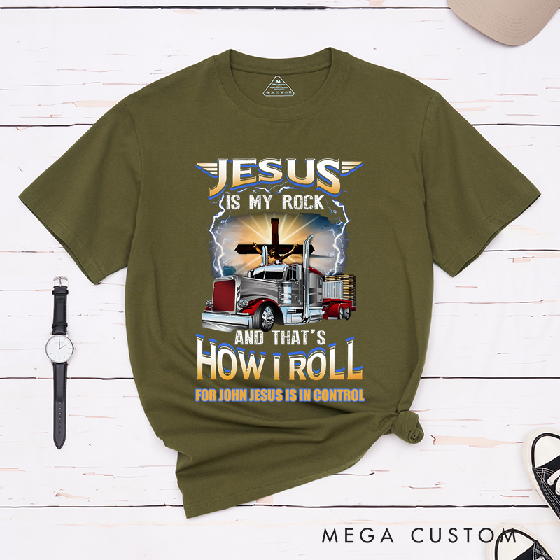 Personalized Classic T-Shirts Jesus Is My Rock and That's How I Roll Truck and Cross T-Shirt