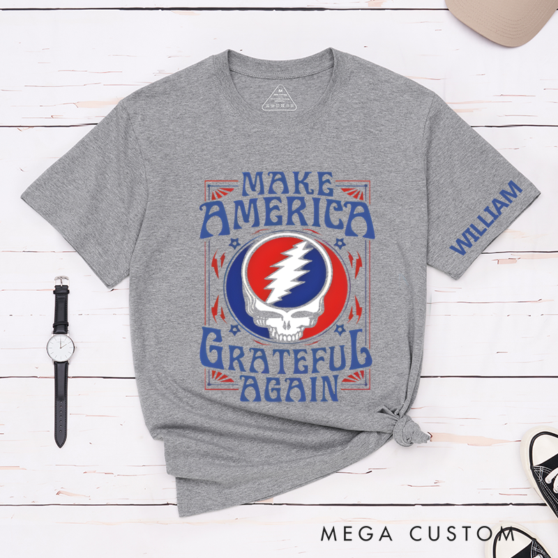 Personalized Classic T-Shirts Patriotic Inspired and Featuring Bold Skull and Lightning Design Perfect for Rock and Vintage Music Lovers Tee