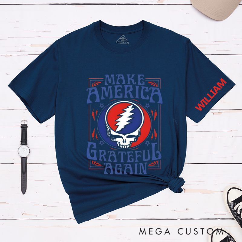 Personalized Classic T-Shirts Patriotic Inspired and Featuring Bold Skull and Lightning Design Perfect for Rock and Vintage Music Lovers Tee