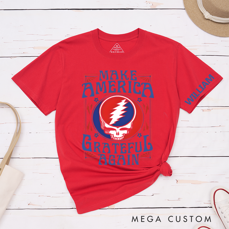 Personalized Classic T-Shirts Patriotic Inspired and Featuring Bold Skull and Lightning Design Perfect for Rock and Vintage Music Lovers Tee