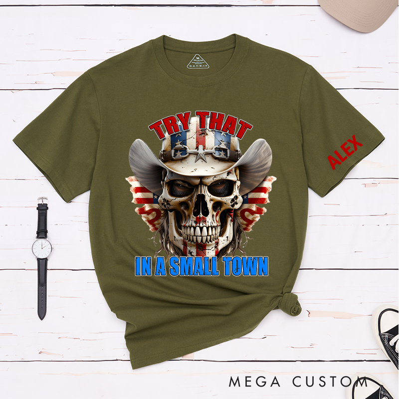 Personalized Classic T-Shirts Patriotic Small Town and Bold Skull Cowboy Hat Graphic Tee and Western Americana Design Perfect Country Lovers Fans