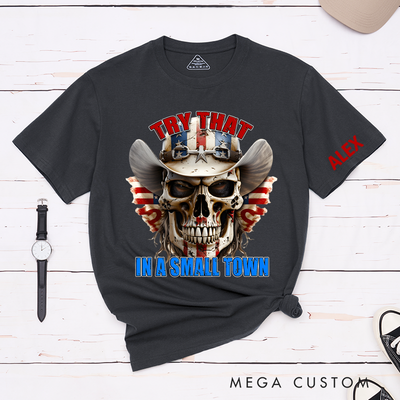 Personalized Classic T-Shirts Patriotic Small Town and Bold Skull Cowboy Hat Graphic Tee and Western Americana Design Perfect Country Lovers Fans
