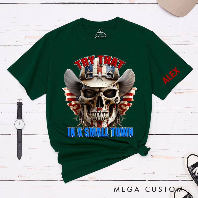 Personalized Classic T-Shirts Patriotic Small Town and Bold Skull Cowboy Hat Graphic Tee and Western Americana Design Perfect Country Lovers Fans
