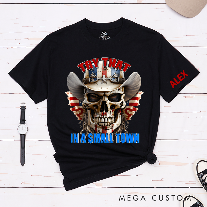 Personalized Classic T-Shirts Patriotic Small Town and Bold Skull Cowboy Hat Graphic Tee and Western Americana Design Perfect Country Lovers Fans