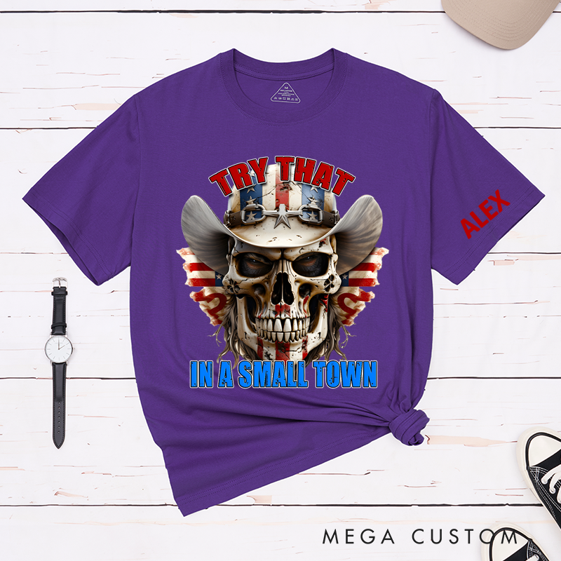 Personalized Classic T-Shirts Patriotic Small Town and Bold Skull Cowboy Hat Graphic Tee and Western Americana Design Perfect Country Lovers Fans
