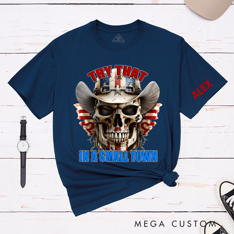 Personalized Classic T-Shirts Patriotic Small Town and Bold Skull Cowboy Hat Graphic Tee and Western Americana Design Perfect Country Lovers Fans