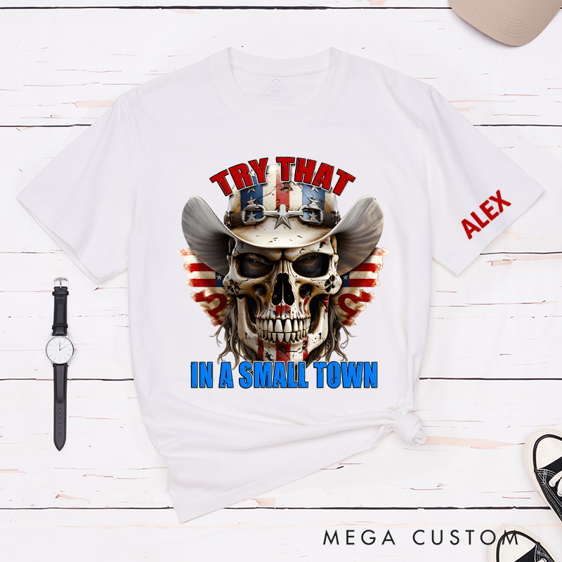 Personalized Classic T-Shirts Patriotic Small Town and Bold Skull Cowboy Hat Graphic Tee and Western Americana Design Perfect Country Lovers Fans