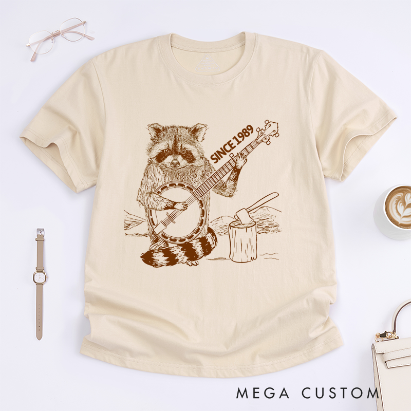 Personalized Classic T-Shirts Raccoon Playing Banjo Graphic Tee Perfect for Music and Animal Lovers Gift