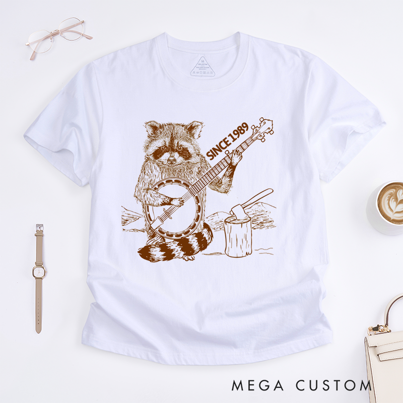 Personalized Classic T-Shirts Raccoon Playing Banjo Graphic Tee Perfect for Music and Animal Lovers Gift