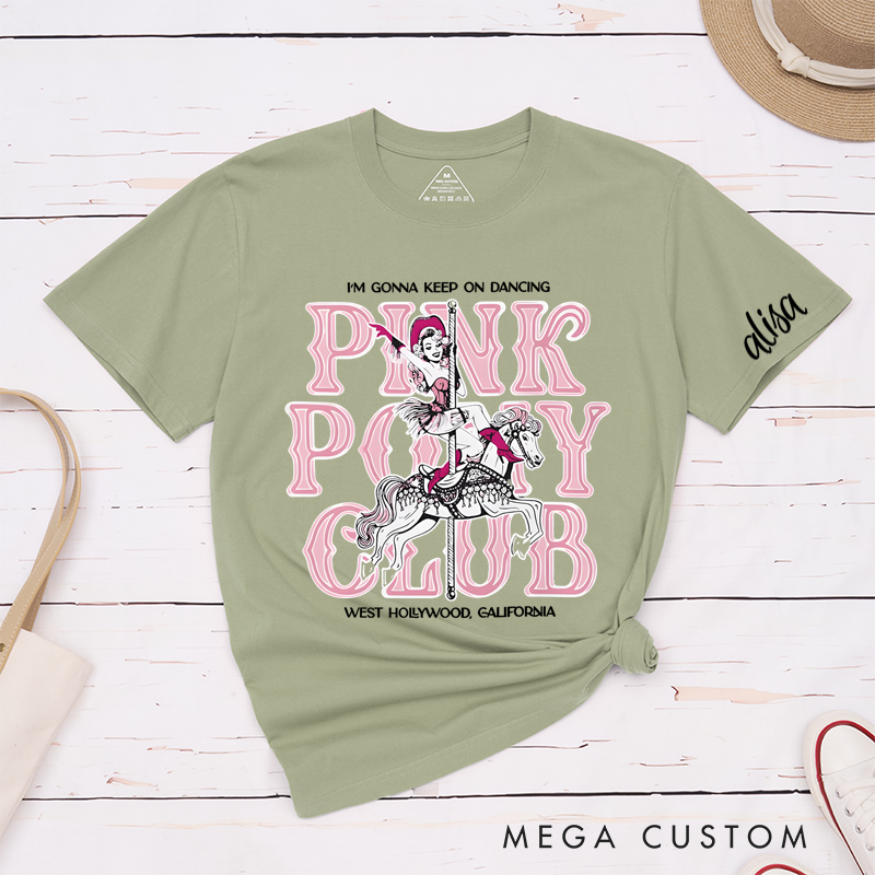 Personalized Classic T-Shirts Retro Pink Pony Club T-Shirt Vintage Western Cowgirl on Carousel Horse Fun Graphic Tee