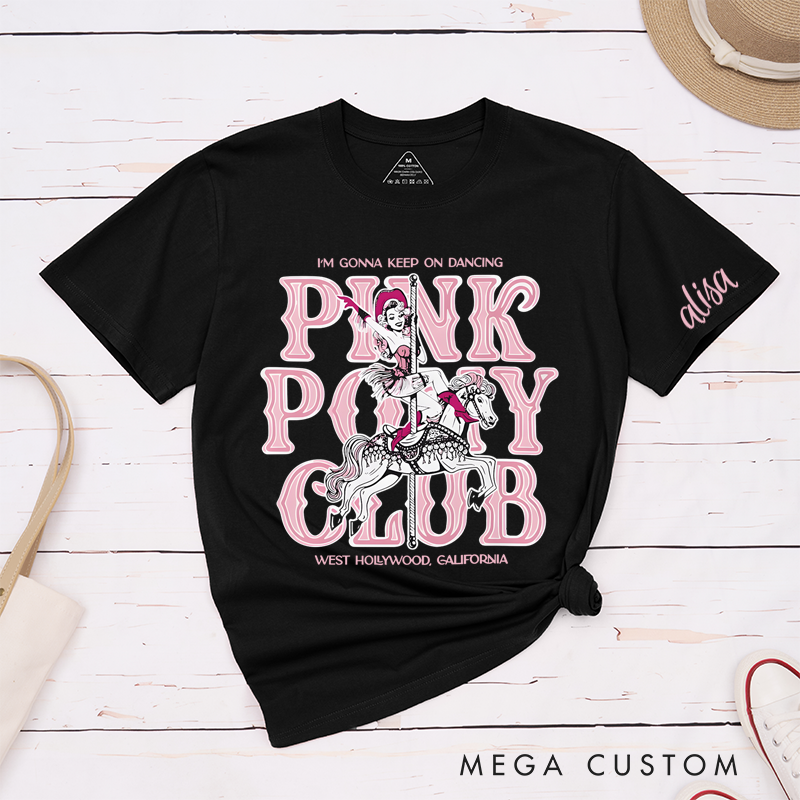 Personalized Classic T-Shirts Retro Pink Pony Club T-Shirt Vintage Western Cowgirl on Carousel Horse Fun Graphic Tee