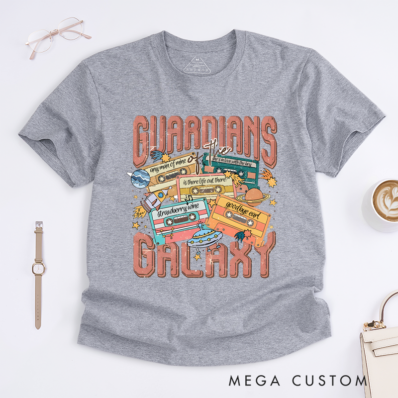Personalized Classic T-Shirts Retro Space Adventure T-Shirt Customized Song Name Cassette Perfect for Sci-Fi and Music Enthusiasts