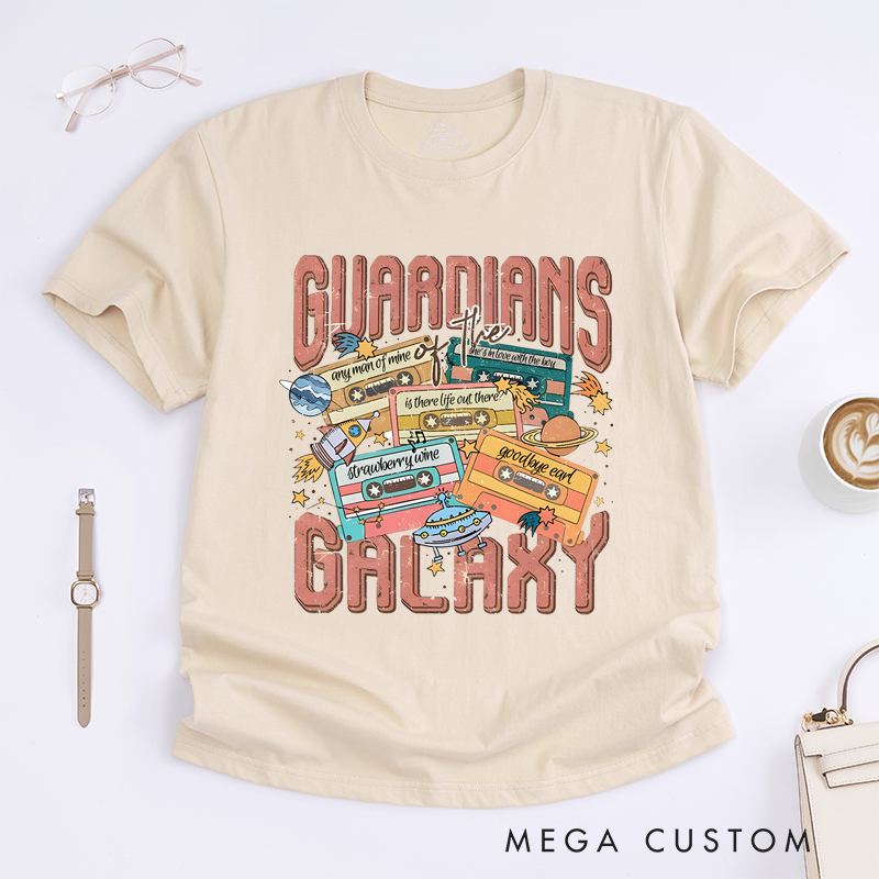 Personalized Classic T-Shirts Retro Space Adventure T-Shirt Customized Song Name Cassette Perfect for Sci-Fi and Music Enthusiasts