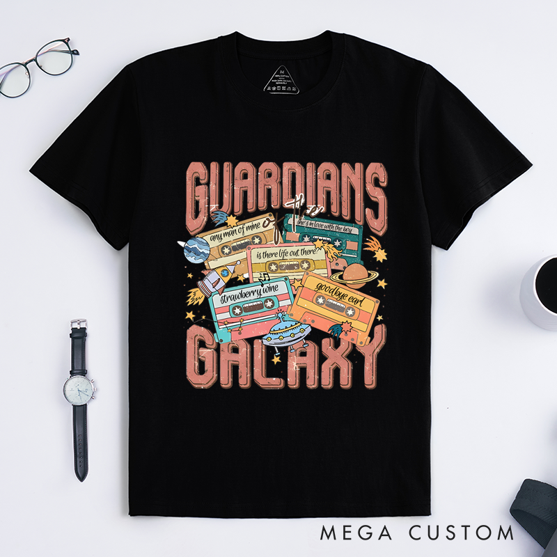 Personalized Classic T-Shirts Retro Space Adventure T-Shirt Customized Song Name Cassette Perfect for Sci-Fi and Music Enthusiasts