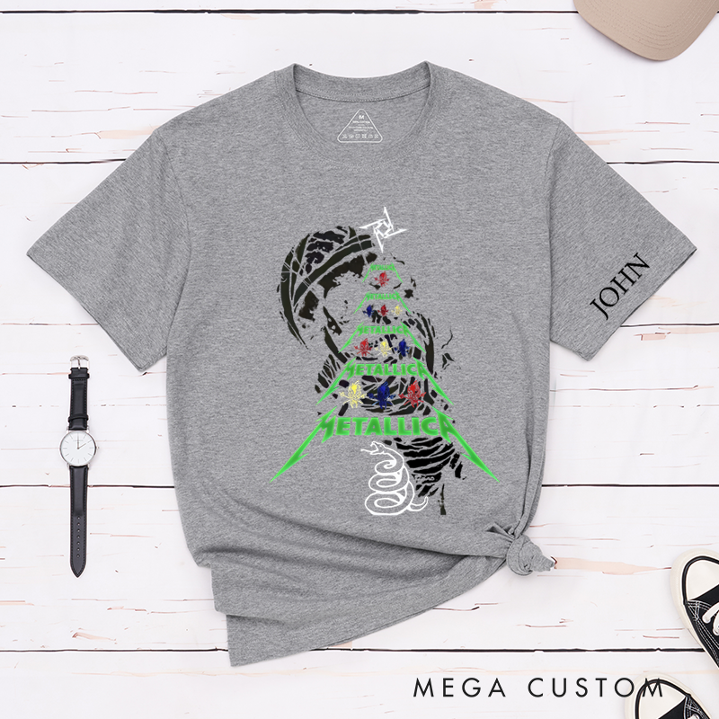 Personalized Classic T-Shirts Rock-Inspired Christmas Tree and Bold Skeleton Design Perfect Gift for Music and Rock Roll Fans