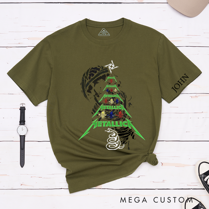 Personalized Classic T-Shirts Rock-Inspired Christmas Tree and Bold Skeleton Design Perfect Gift for Music and Rock Roll Fans