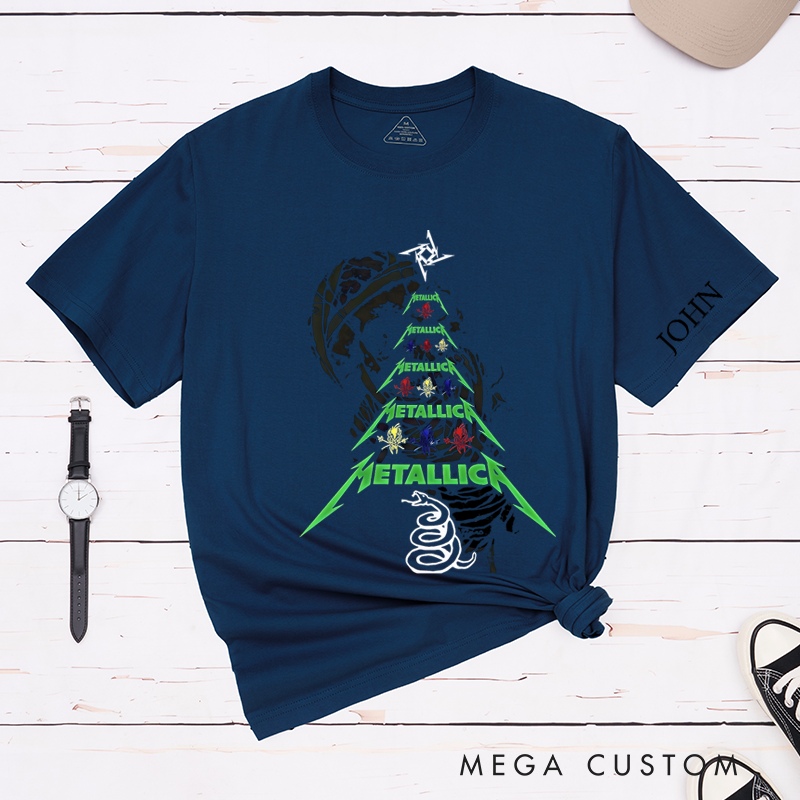 Personalized Classic T-Shirts Rock-Inspired Christmas Tree and Bold Skeleton Design Perfect Gift for Music and Rock Roll Fans