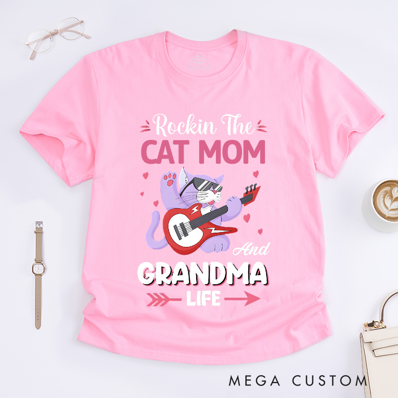 Personalized Classic T-Shirts Rockin' Cat Mom Grandma Tee Retro-Style Feline Lover Gift Perfect for Music Enthusiast Cat Ladies Gift