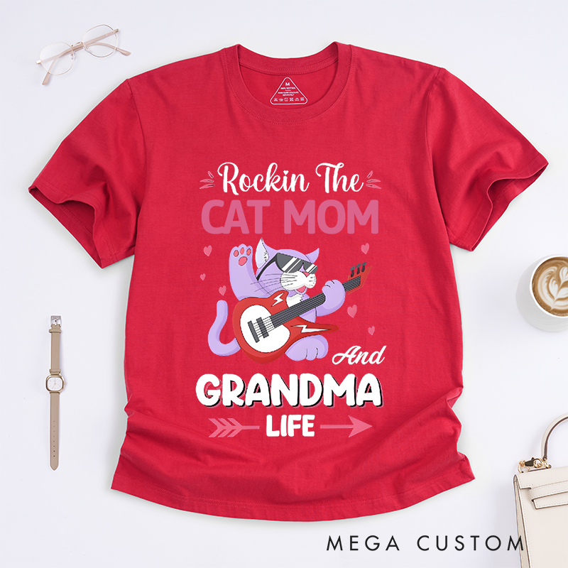 Personalized Classic T-Shirts Rockin' Cat Mom Grandma Tee Retro-Style Feline Lover Gift Perfect for Music Enthusiast Cat Ladies Gift