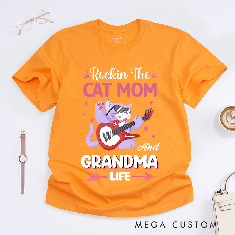Personalized Classic T-Shirts Rockin' Cat Mom Grandma Tee Retro-Style Feline Lover Gift Perfect for Music Enthusiast Cat Ladies Gift