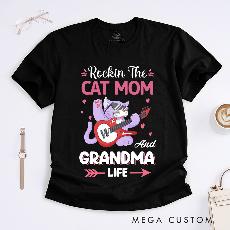 Personalized Classic T-Shirts Rockin' Cat Mom Grandma Tee Retro-Style Feline Lover Gift Perfect for Music Enthusiast Cat Ladies Gift
