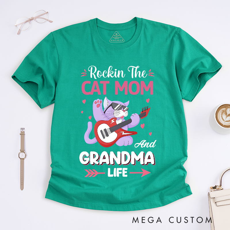 Personalized Classic T-Shirts Rockin' Cat Mom Grandma Tee Retro-Style Feline Lover Gift Perfect for Music Enthusiast Cat Ladies Gift