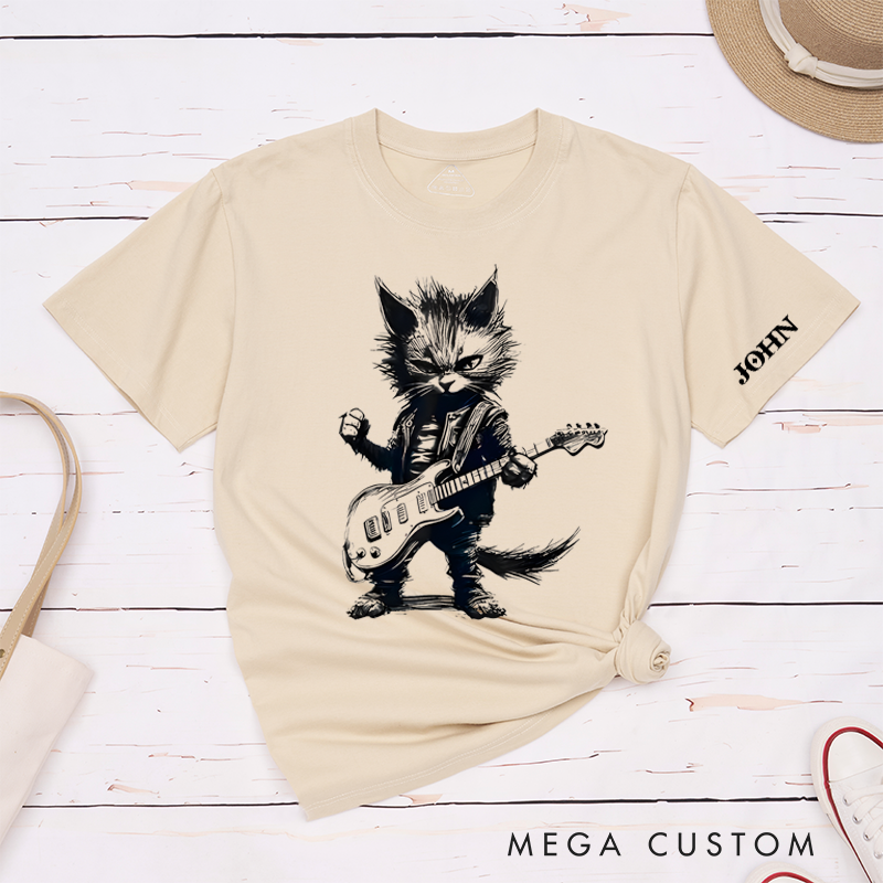 Personalized Classic T-Shirts Rockin' Cat Tee Feline Cool Cat Graphic for Music Lovers and Rock Fans Gift