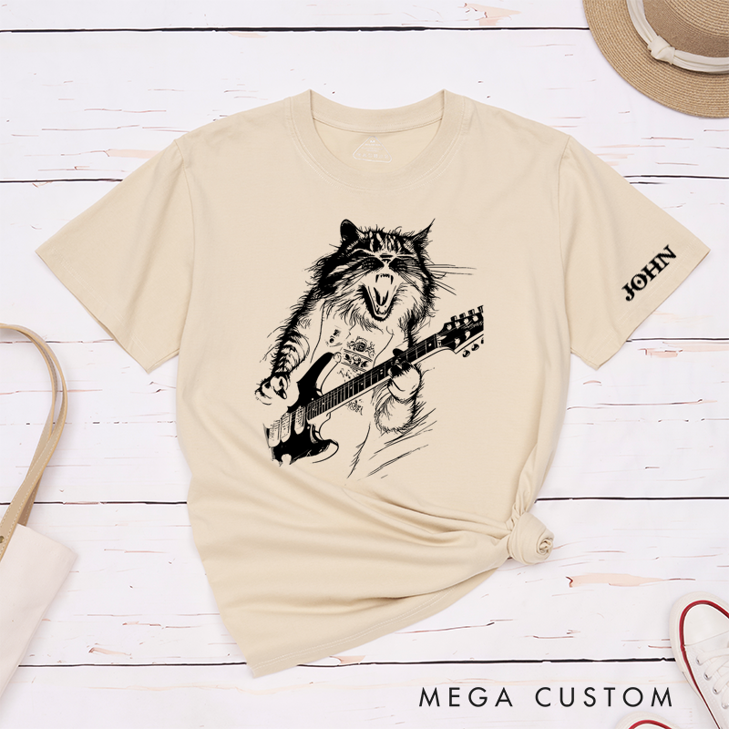 Personalized Classic T-Shirts Rockin' Cat Tee Feline Cool Cat Graphic for Music Lovers and Rock Fans Gift