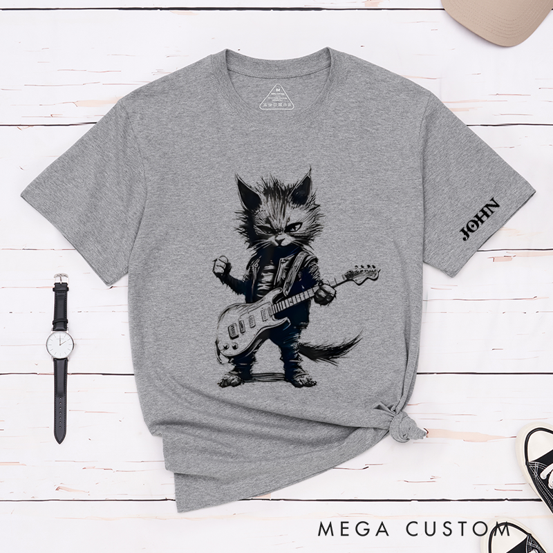 Personalized Classic T-Shirts Rockin' Cat Tee Feline Cool Cat Graphic for Music Lovers and Rock Fans Gift