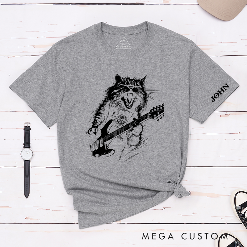 Personalized Classic T-Shirts Rockin' Cat Tee Feline Cool Cat Graphic for Music Lovers and Rock Fans Gift
