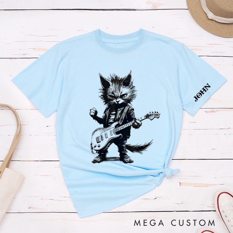 Personalized Classic T-Shirts Rockin' Cat Tee Feline Cool Cat Graphic for Music Lovers and Rock Fans Gift