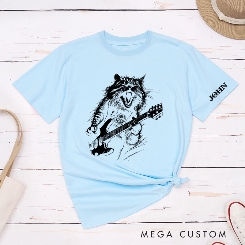 Personalized Classic T-Shirts Rockin' Cat Tee Feline Cool Cat Graphic for Music Lovers and Rock Fans Gift