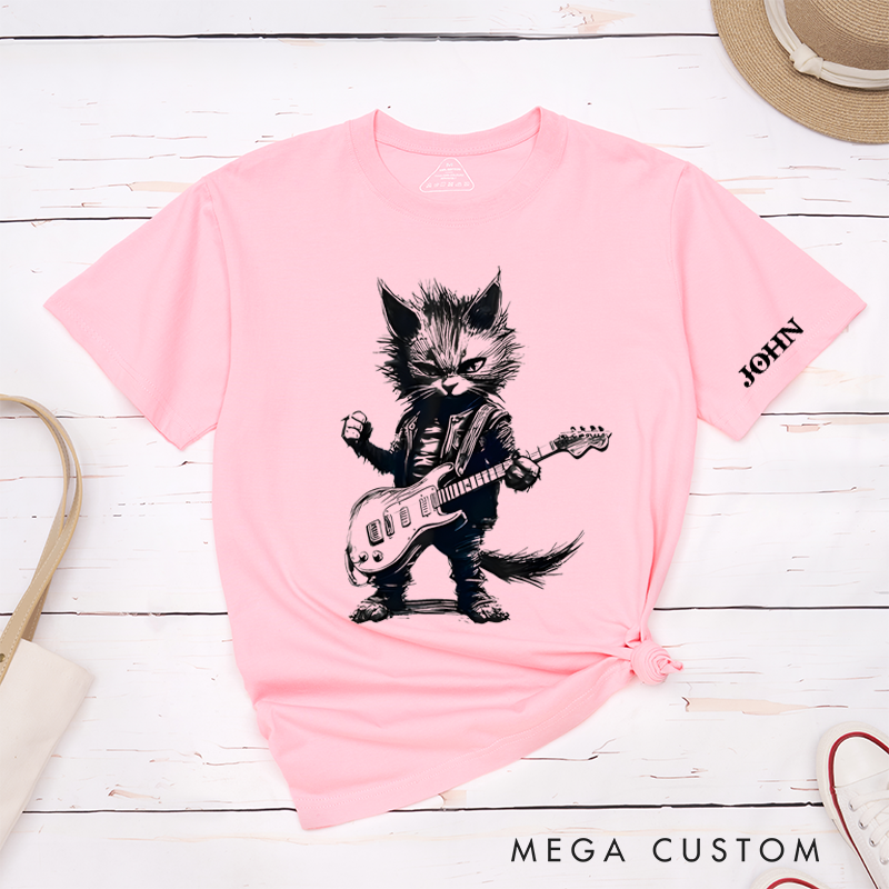 Personalized Classic T-Shirts Rockin' Cat Tee Feline Cool Cat Graphic for Music Lovers and Rock Fans Gift